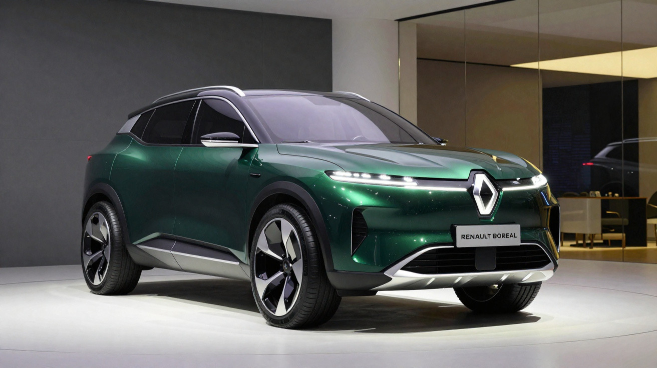 Veículo SUV elétrico verde metálico Renault Boreal exibido em ambiente interno moderno.