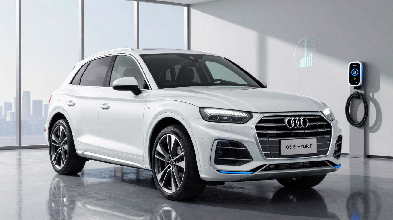 Carro SUV branco Audi Q5 E-Hybrid estacionado em ambiente moderno com estação de recarga elétrica.