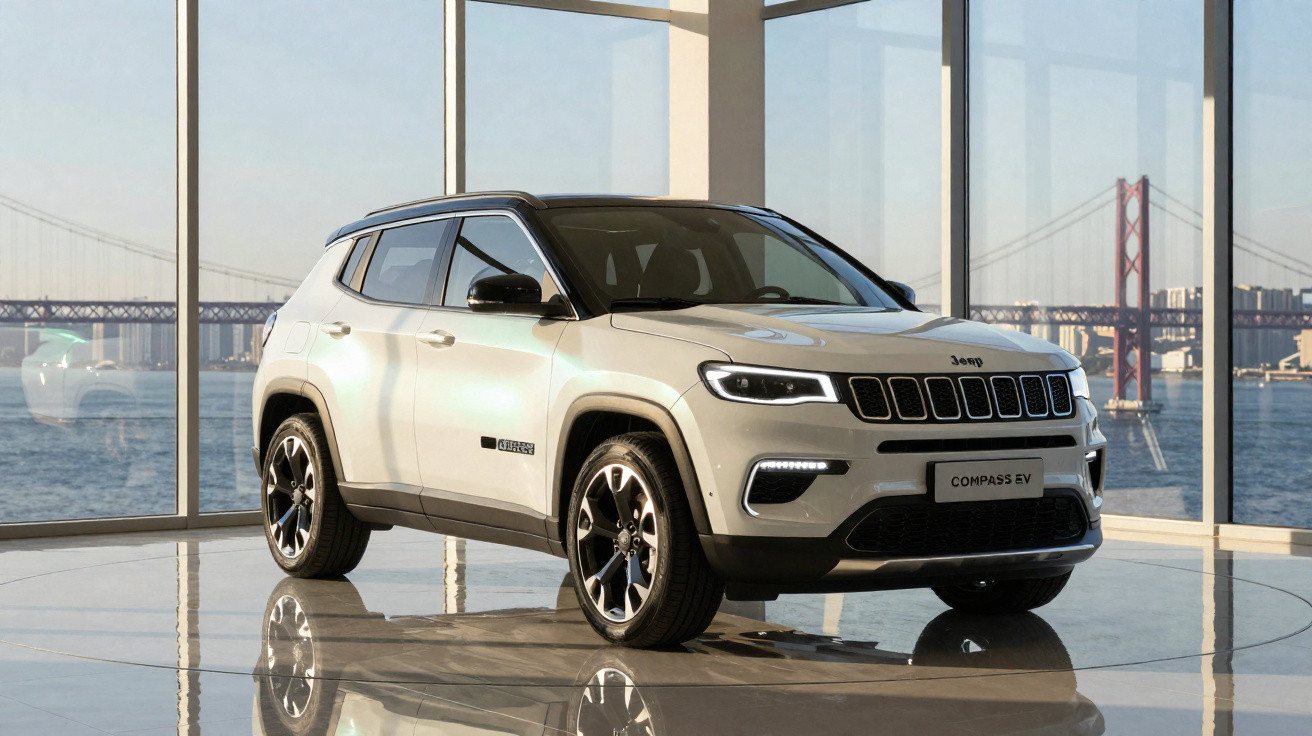 Jeep Compass EV branco em exposição dentro de prédio com janelas grandes e vista para uma ponte.