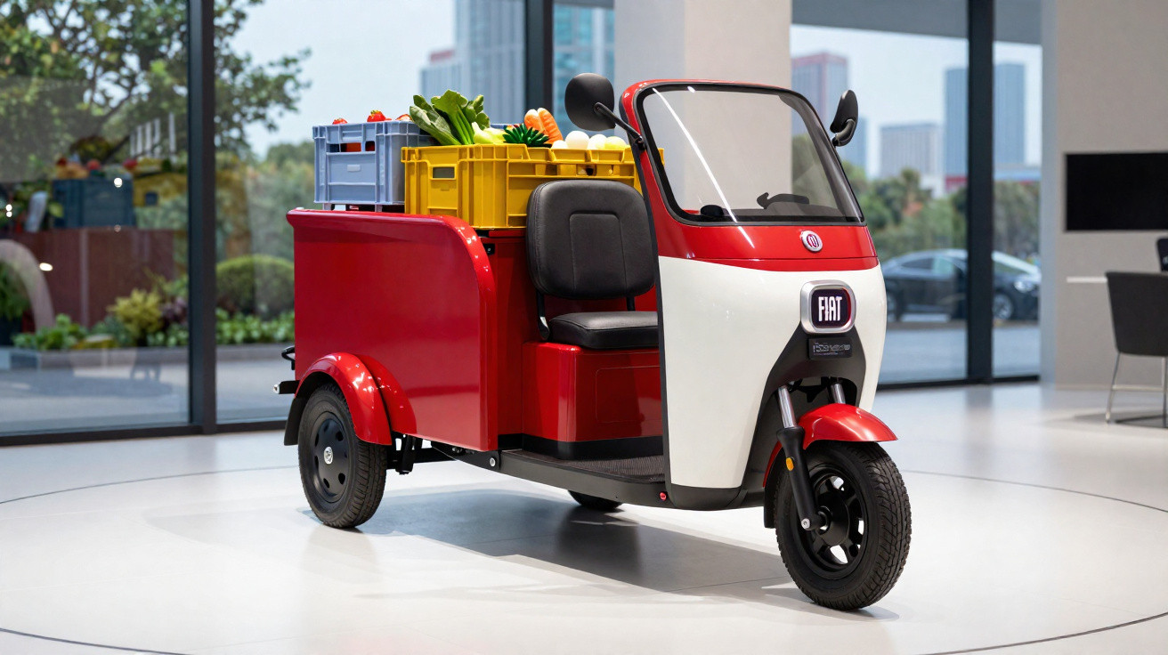 Motocargo Fiat elétrica vermelha e branca com caixas de verduras no compartimento traseiro, em ambiente interno.