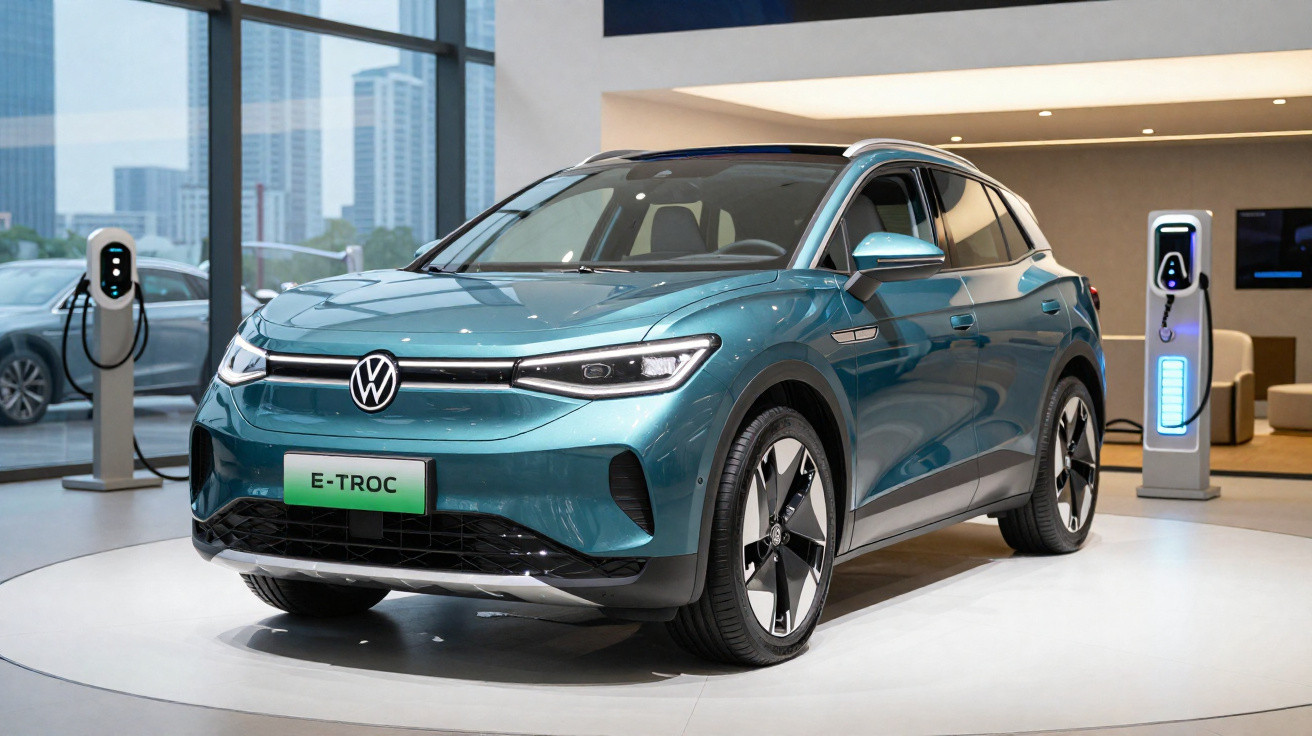 Carro elétrico Volkswagen E-TROC azul exibido em showroom com estações de recarga ao fundo.