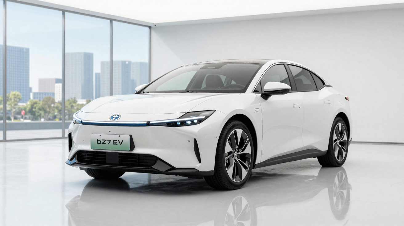 Carro elétrico branco Toyota bZ7 EV estacionado em ambiente interno moderno com janelas grandes.