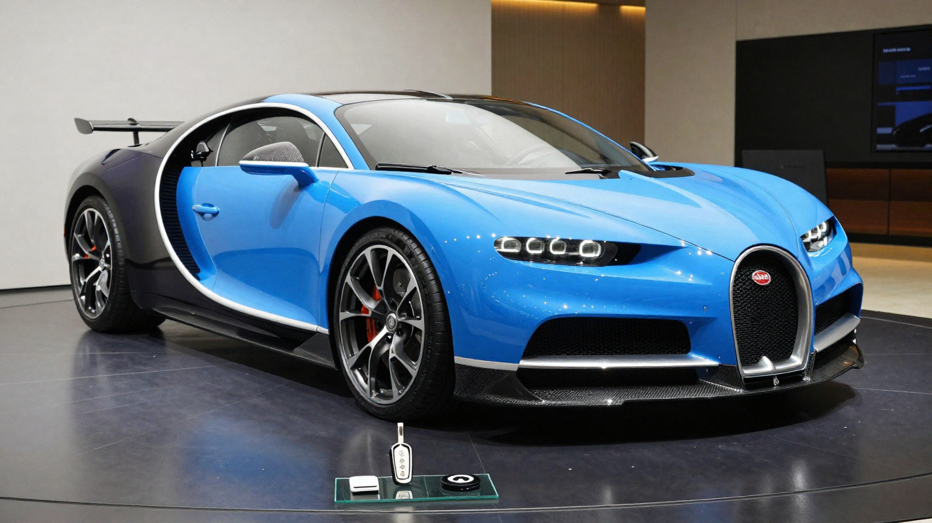 Carro esportivo Bugatti Chiron azul e preto exposto em salão interno com suporte de chave dianteiro.