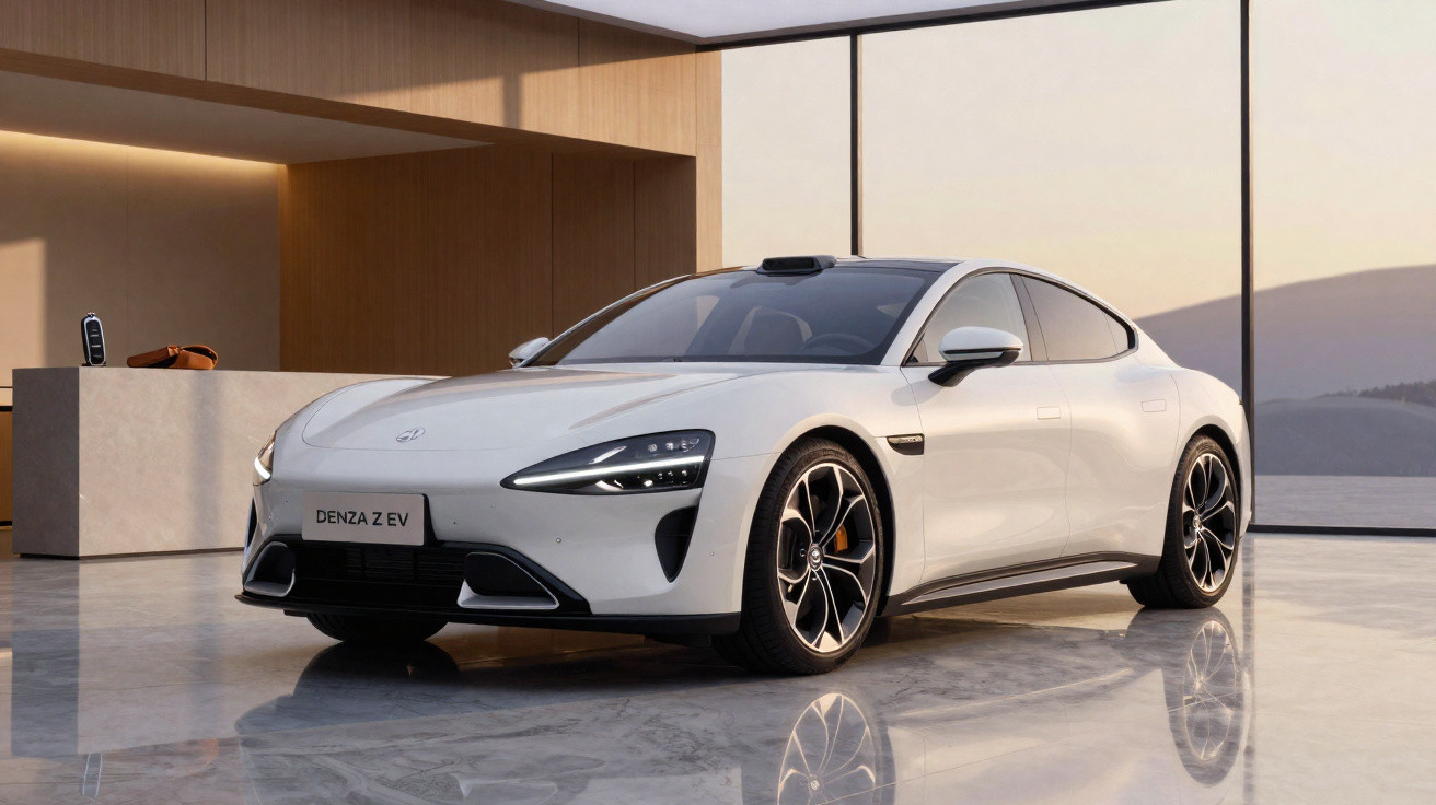 Carro elétrico branco Denza Z EV estacionado em ambiente interno moderno com piso de mármore.