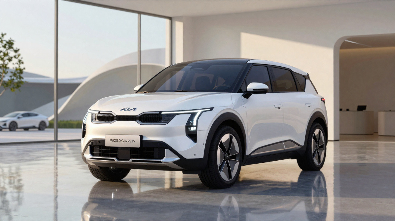 Carro SUV elétrico branco Kia EV9 2025 estacionado em ambiente moderno e minimalista.