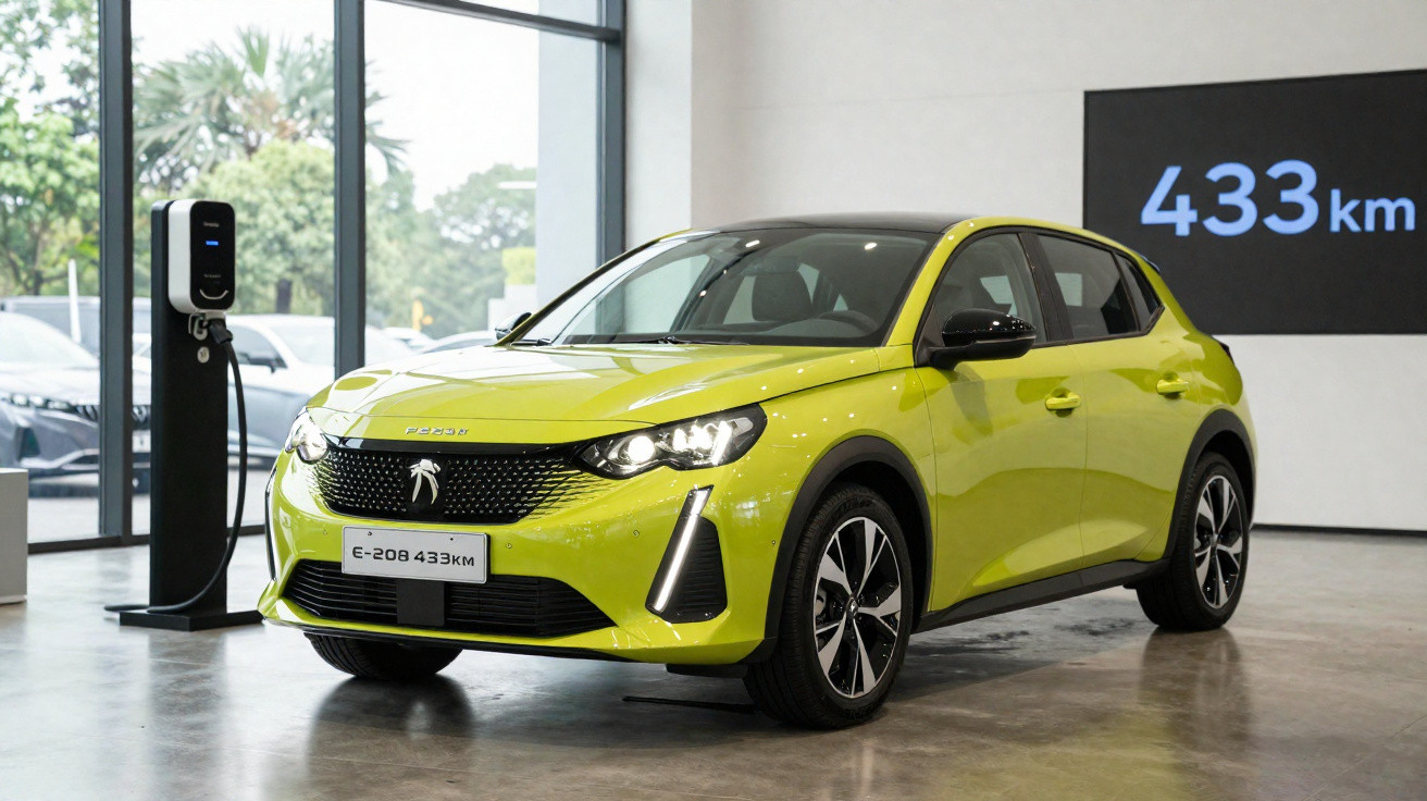 Carro elétrico Peugeot 208 amarelo em exibição com posto de carregamento e painel mostrando autonomia de 433 km.
