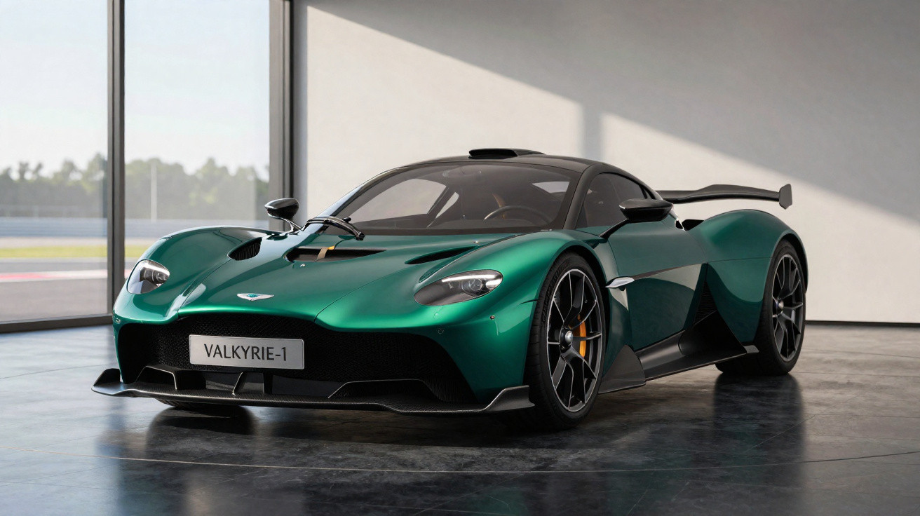Carro esportivo verde metálico Aston Martin Valkyrie estacionado em ambiente interno iluminado.