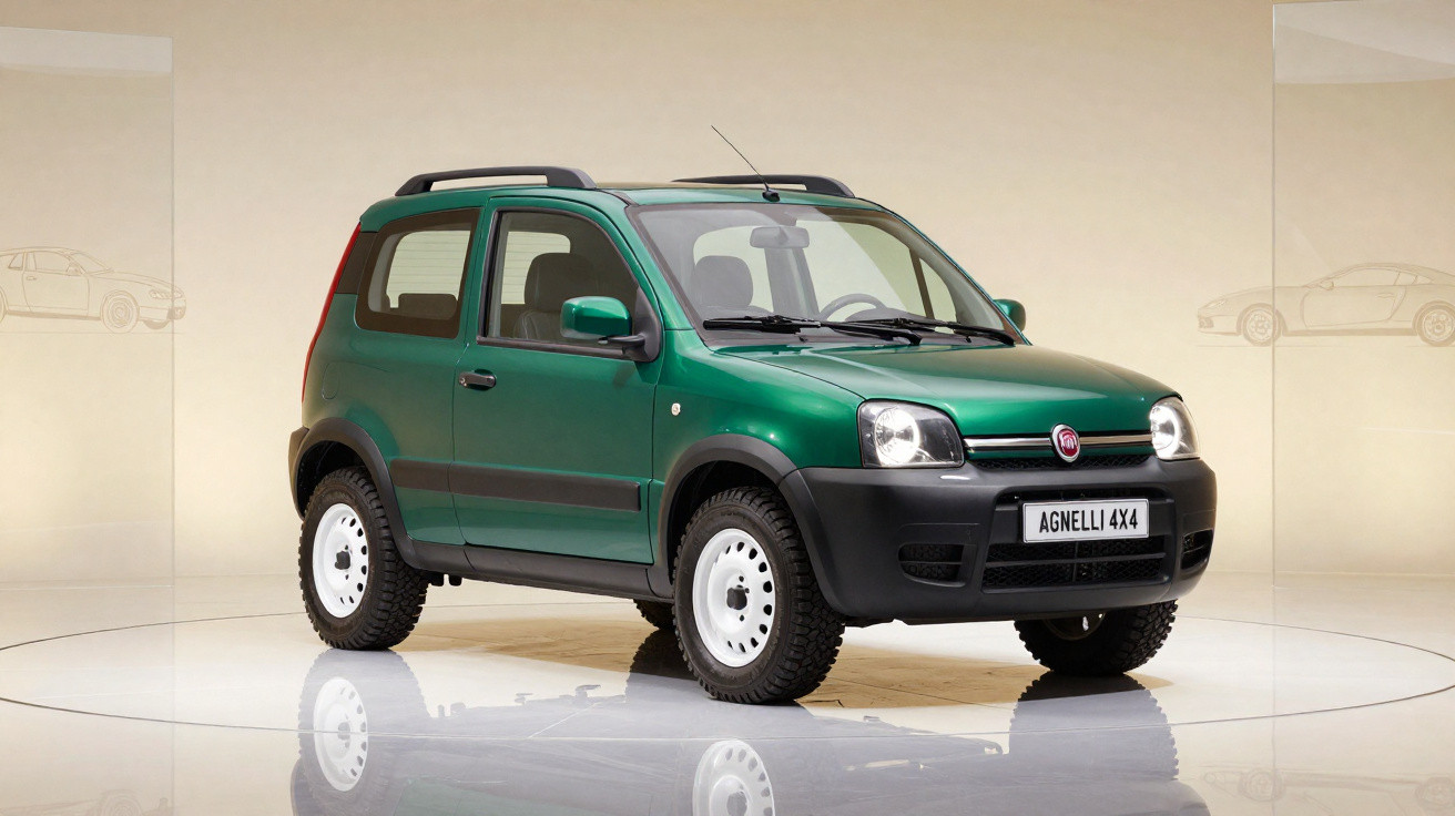Carro SUV compacto verde Fiat Agnelli 4x4 com pneus robustos em estúdio iluminado.