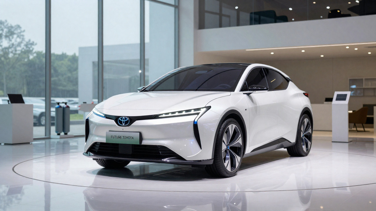 Carro elétrico branco Toyota futurista em exposição em salão moderno com iluminação natural e artificial.