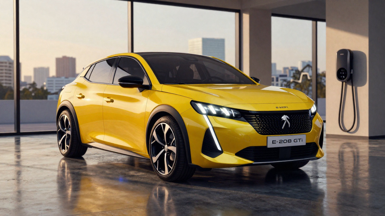 Carro elétrico amarelo Peugeot E-208 GTi estacionado em garagem moderna com carregador na parede.