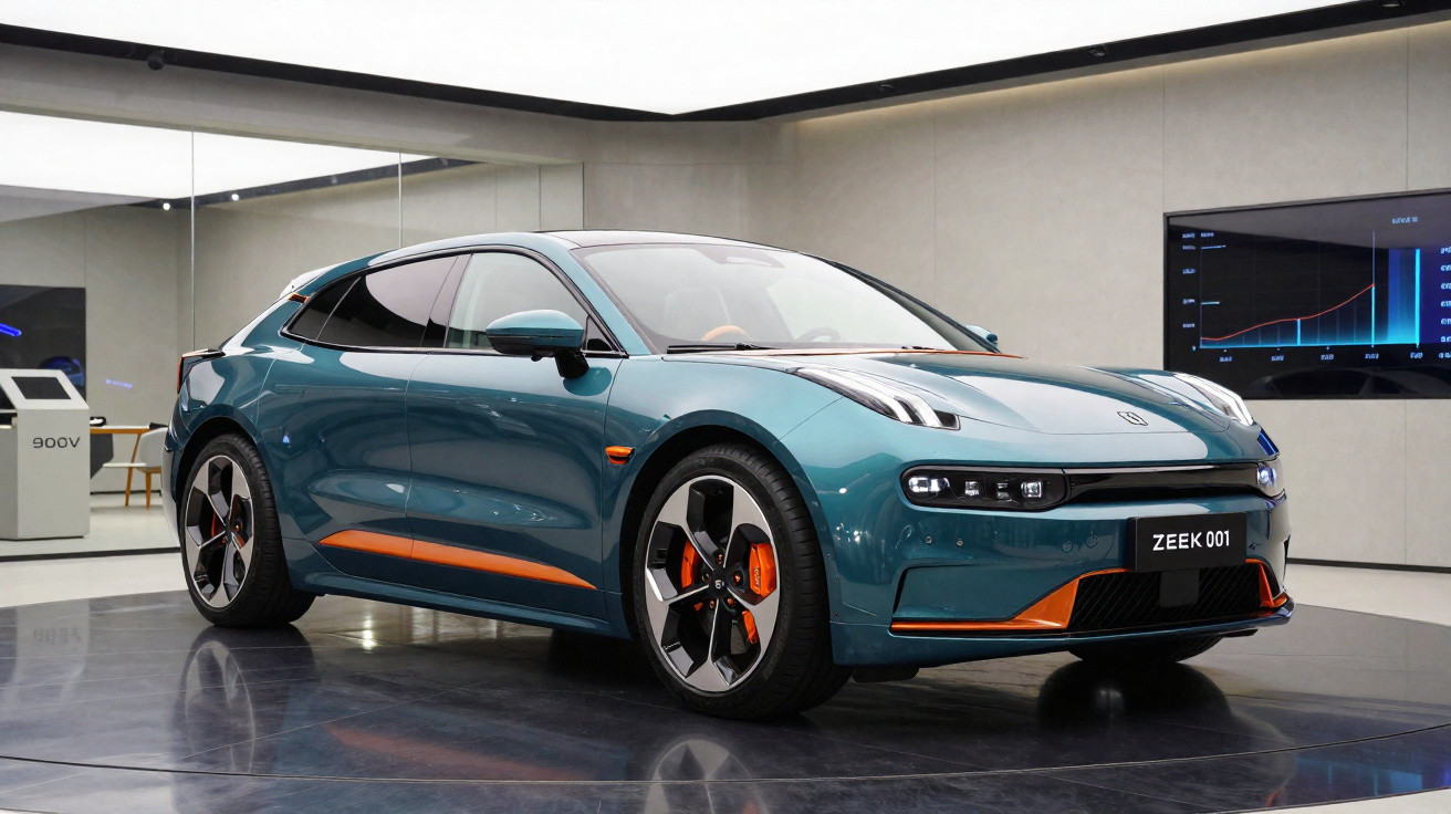 Carro elétrico esportivo Zeek 001 azul com detalhes laranja em ambiente moderno interno.