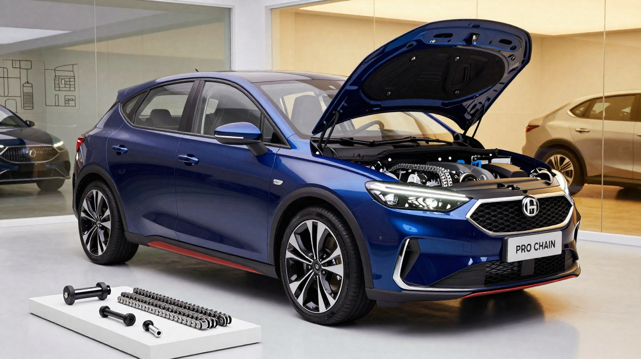 Carro azul hatch com capô aberto exibindo motor, ao lado há uma instalação de peças metálicas em exposição.