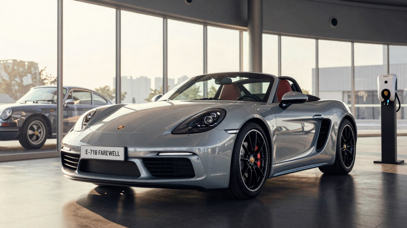 Carro esportivo conversível prata Porsche E-718 Farewell em showroom moderno com grande janela.