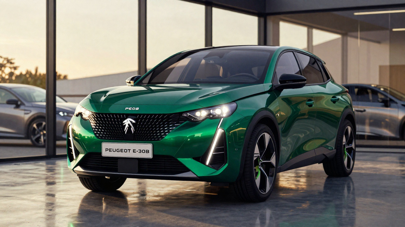 Carro elétrico Peugeot E-308 verde estacionado em showroom moderno com vidros grandes ao fundo.