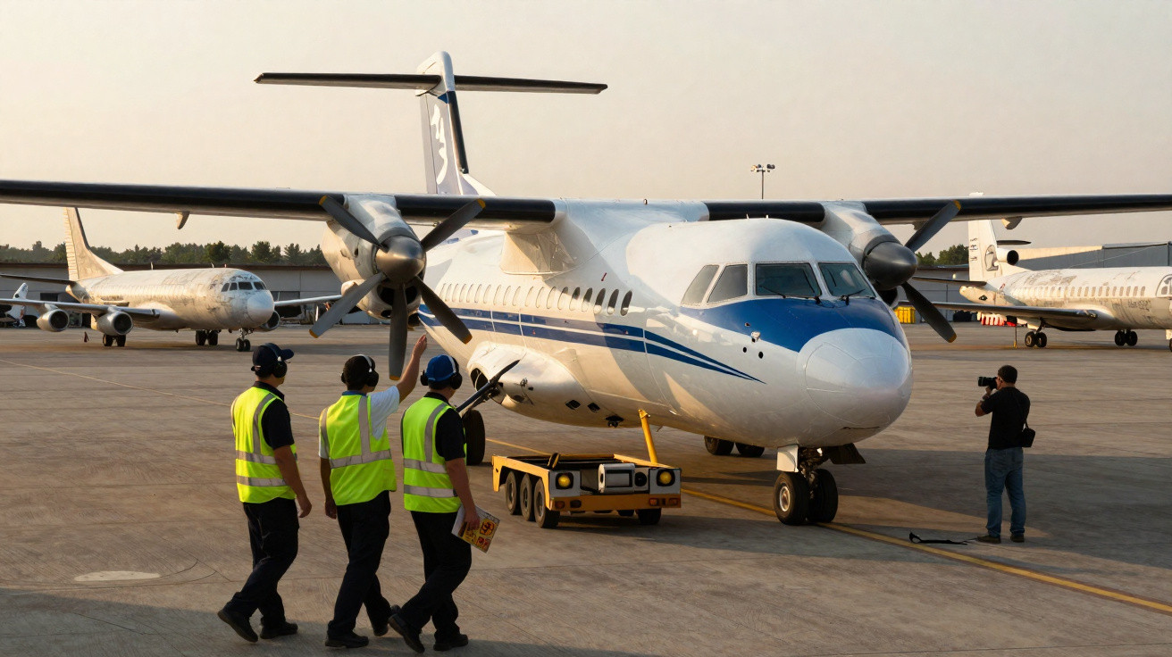 Avião pequeno no pátio do aeroporto com três trabalhadores de colete refletivo e uma pessoa fotografando.