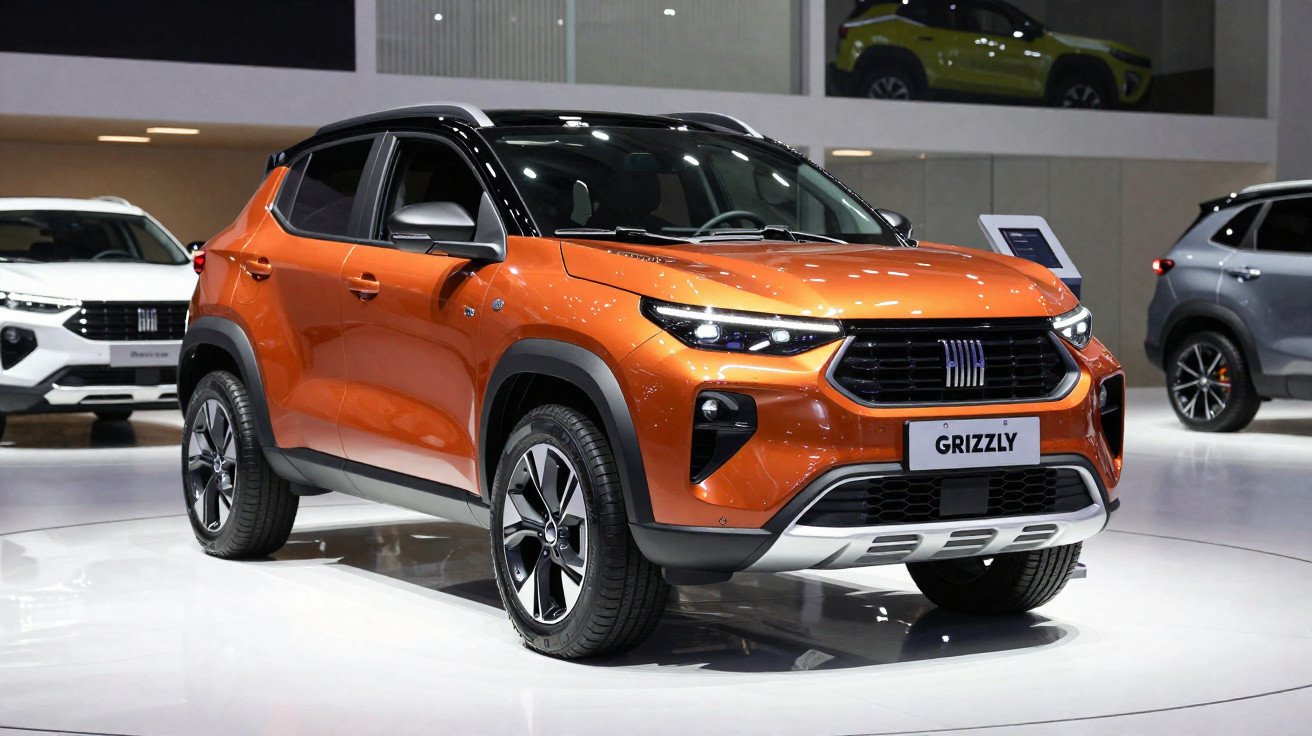 SUV Fiat Grizzly laranja em exposição, com detalhes em preto fosco e rodas esportivas.