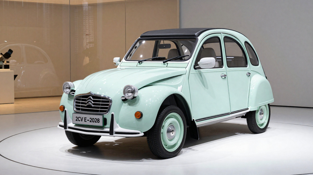 Carro clássico Citroën 2CV verde claro com teto preto exposto em ambiente interno moderno.