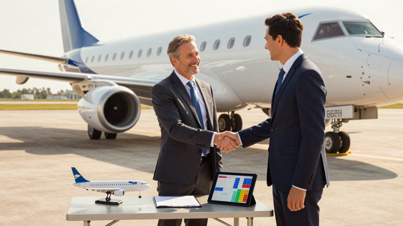 Dois homens de terno apertam as mãos em encontro empresarial ao lado de um jato privado no aeroporto.