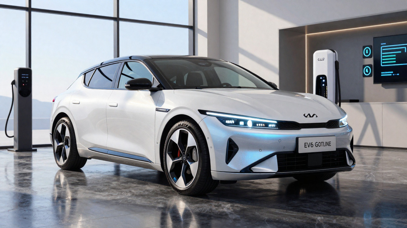 Carro elétrico branco modelo EV6 Gotline estacionado em garagem futurista com carregadores ao fundo.