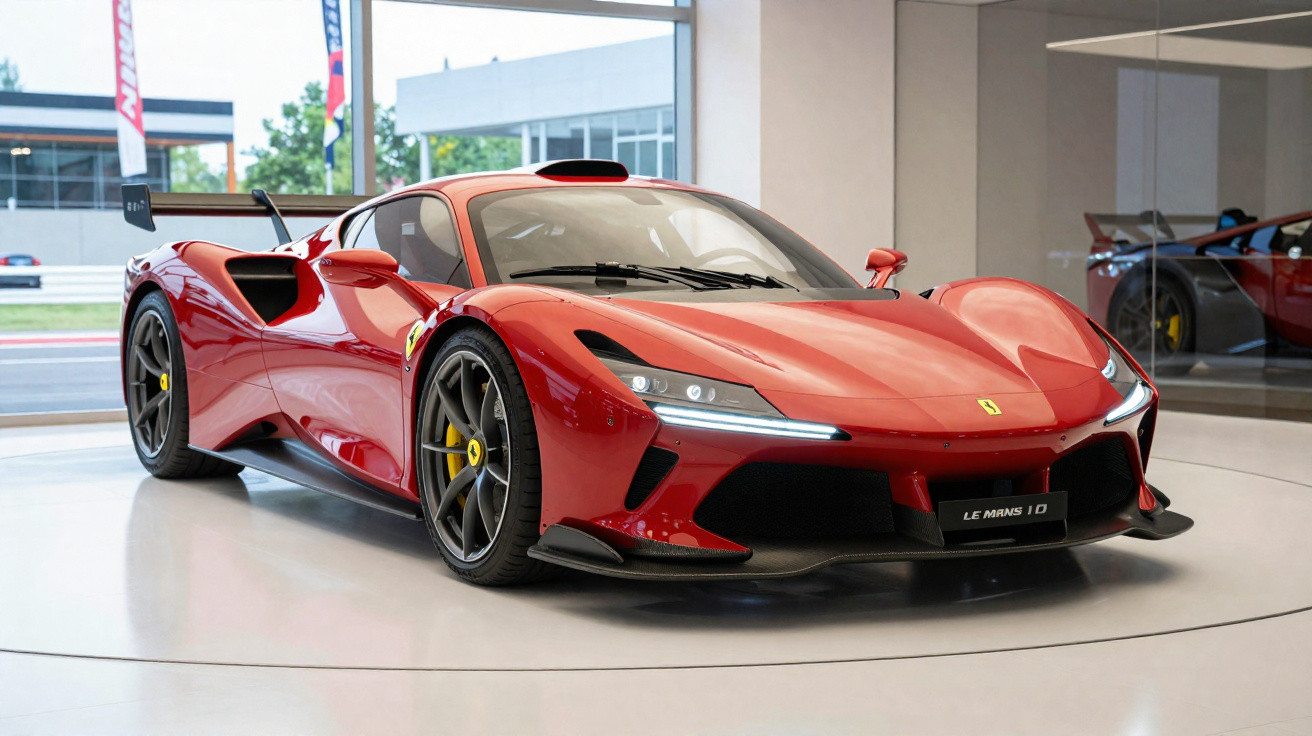 Carro esportivo vermelho Ferrari Le Mans 10 exibido em salão com piso branco e paredes de vidro.