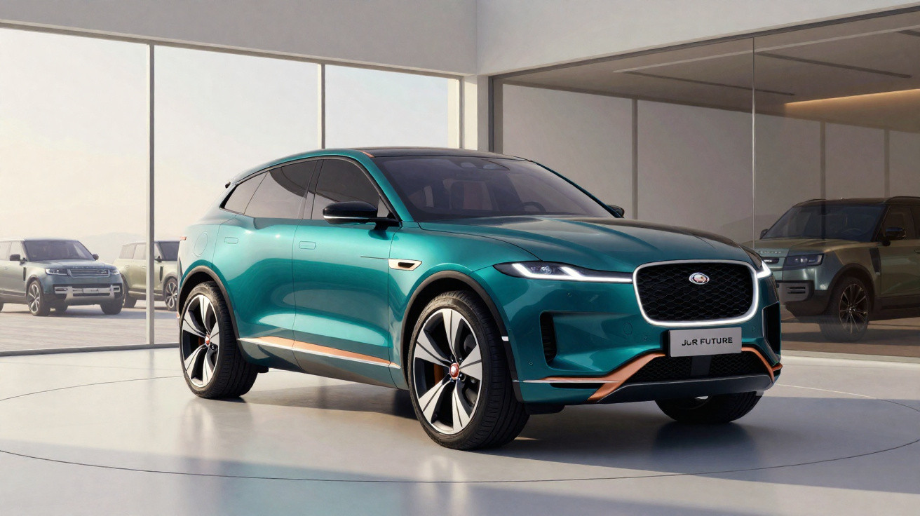 SUV elétrico verde em exposição moderna com acabamento em detalhes cobre dentro de showroom.