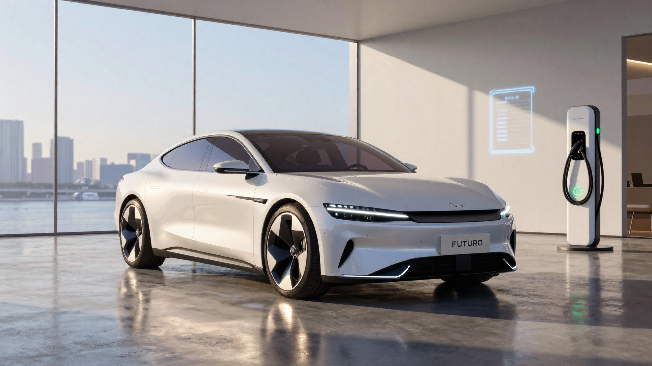 Carro elétrico branco estacionado em garagem moderna com estação de recarga e vista para cidade ao fundo.