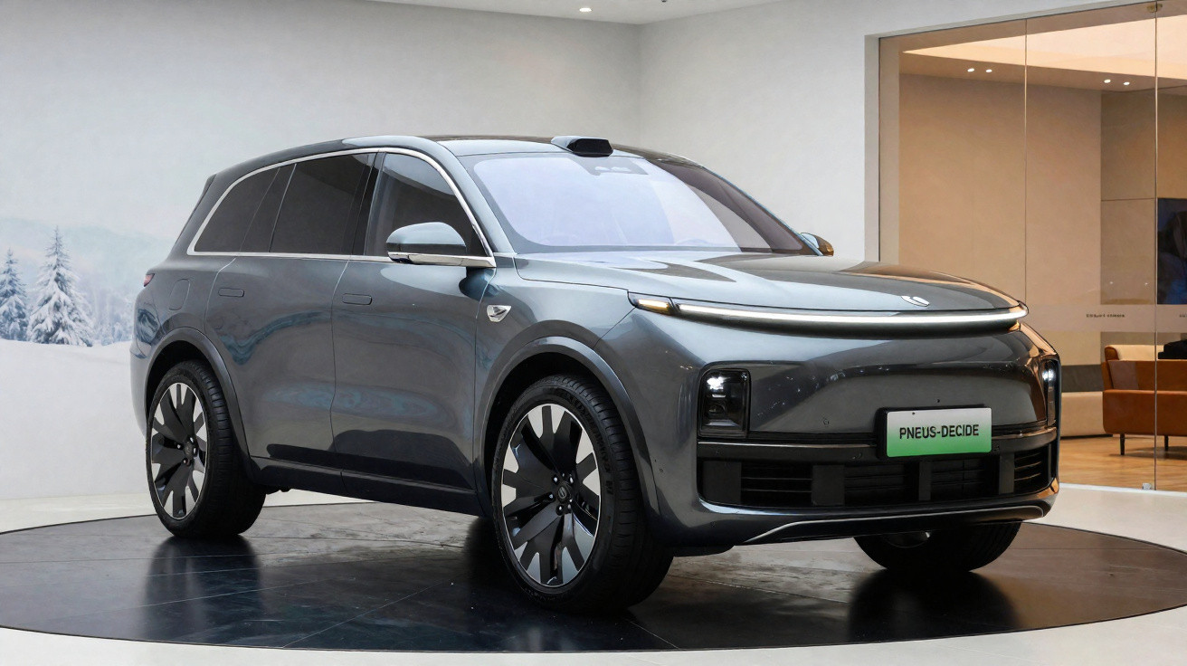 SUV elétrico cinza exibido em ambiente interno moderno com rodas grandes e design aerodinâmico.