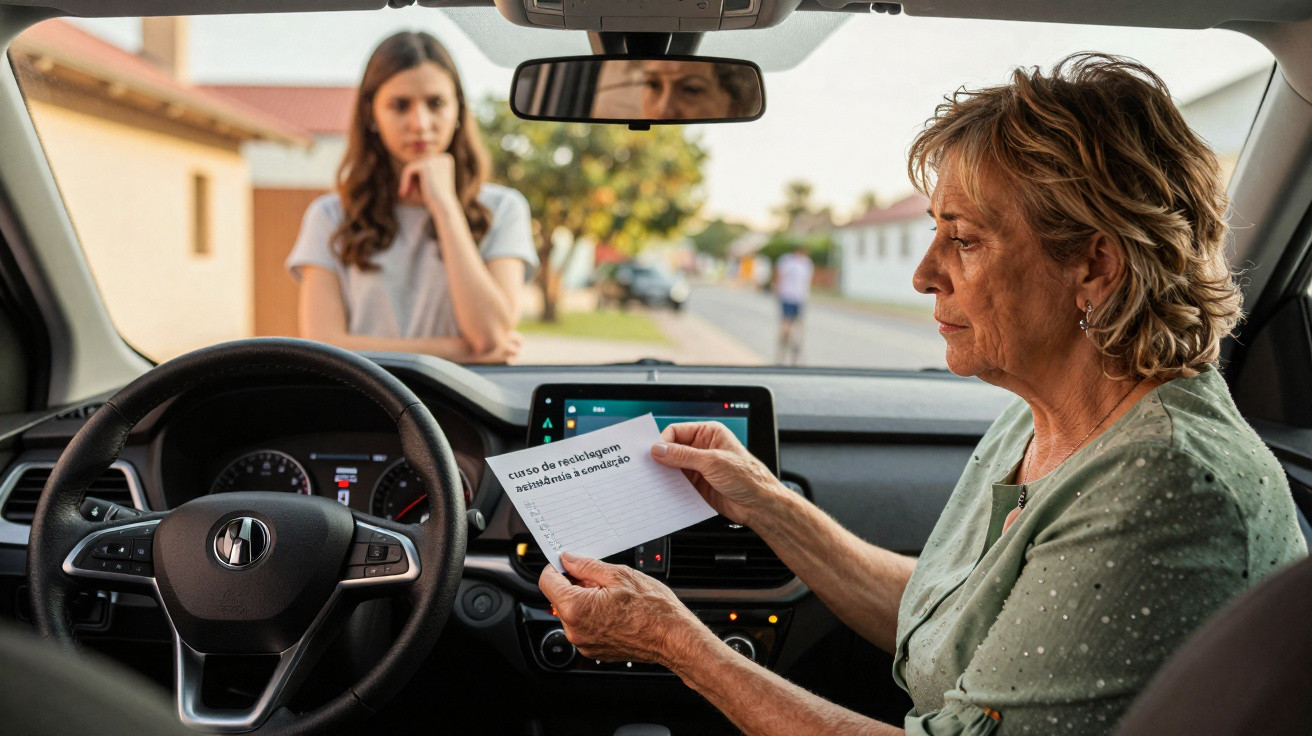 Mulher mais velha no carro mostrando nota sobre reciclagem para jovem do lado de fora do veículo.