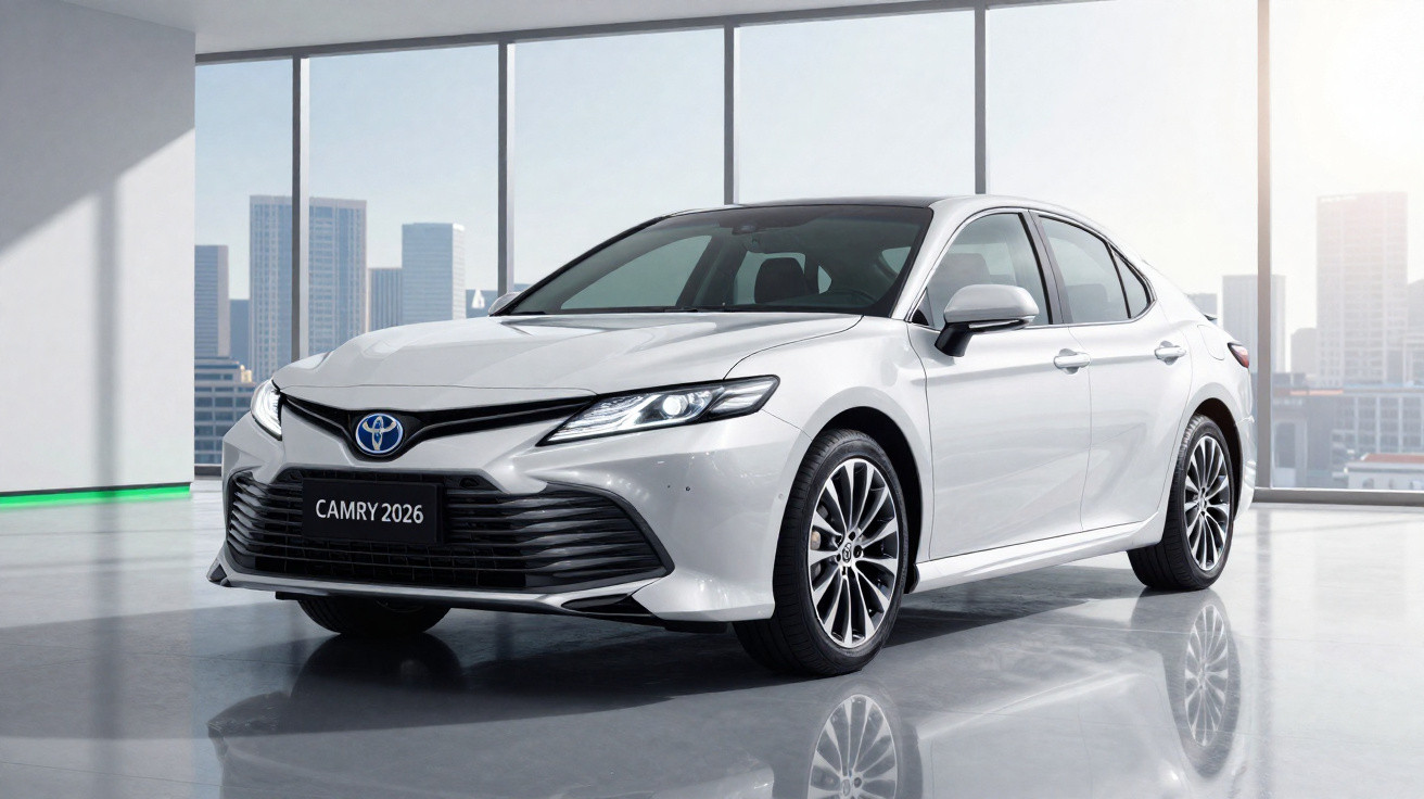 Carro sedan Toyota Camry 2026 branco em ambiente interno com janelas grandes e vista urbana.