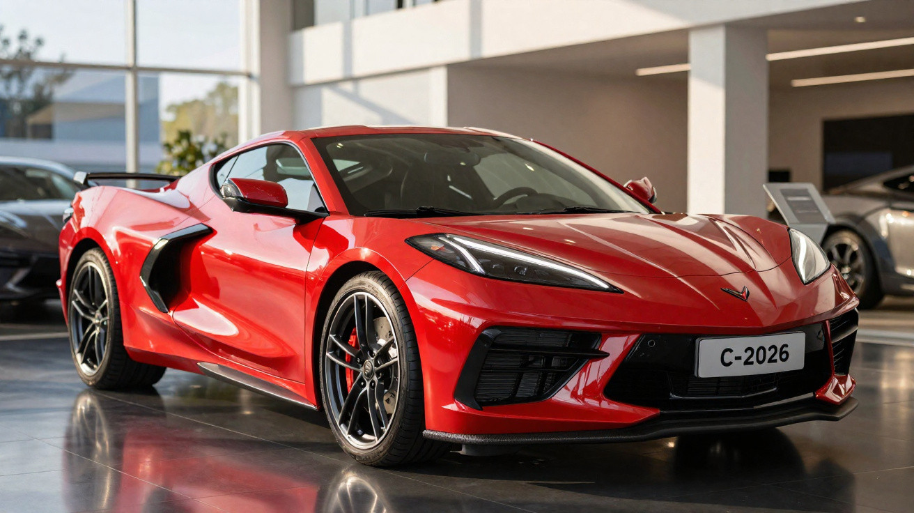 Carro esportivo vermelho brilhante com design aerodinâmico em showroom moderno com piso refletivo.