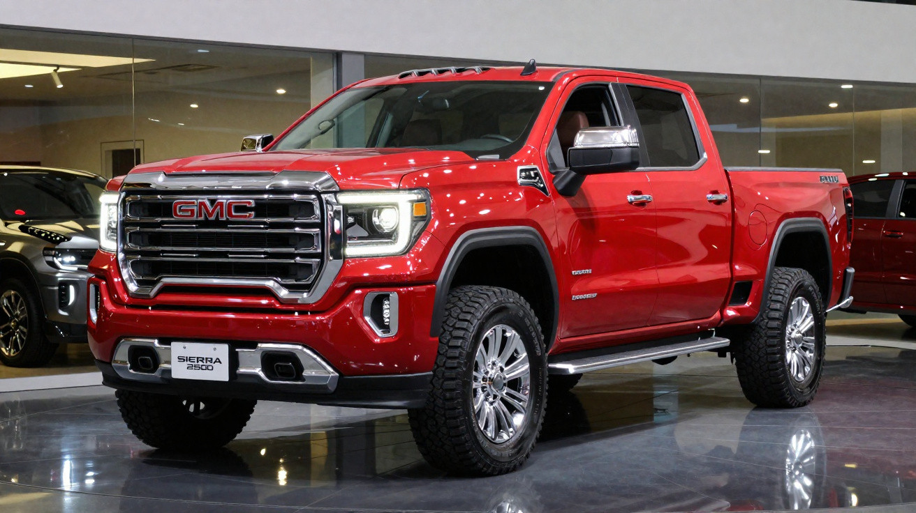 Picape vermelha GMC Sierra 2500 em exposição, com detalhes cromados e pneus robustos.