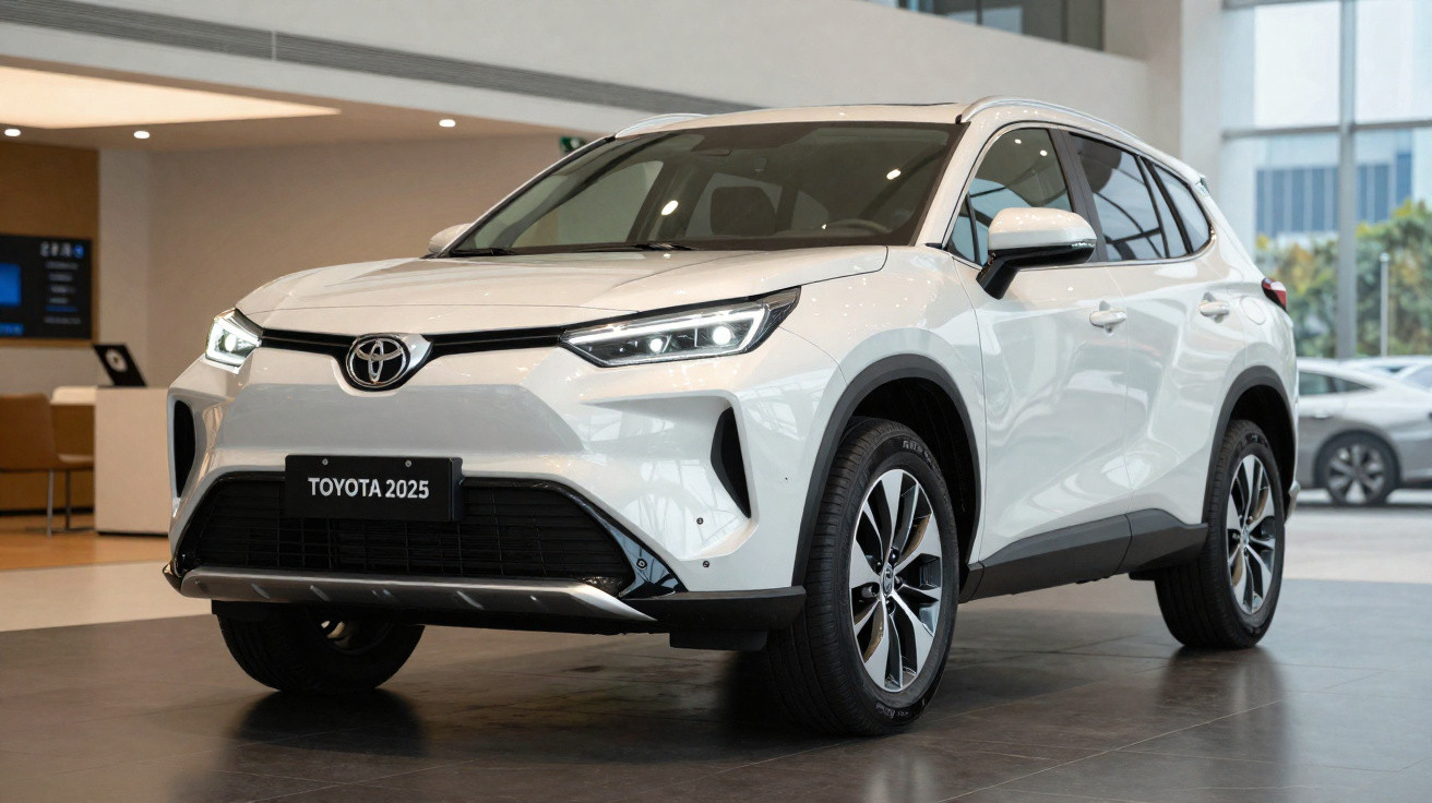 Carro SUV branco Toyota 2025 exibido em ambiente interno de showroom moderno.