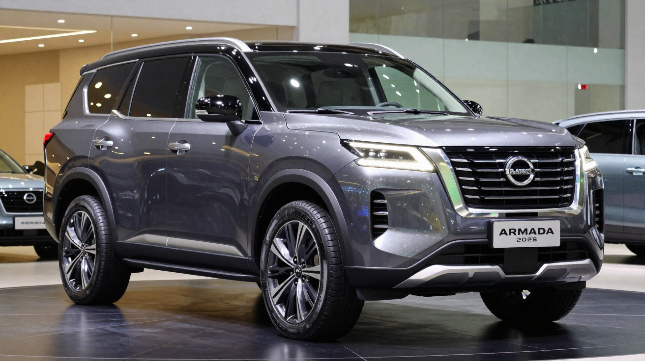 SUV Nissan Armada 2025 cinza escuro exibido em salão de veículos, vista frontal lateral direita.