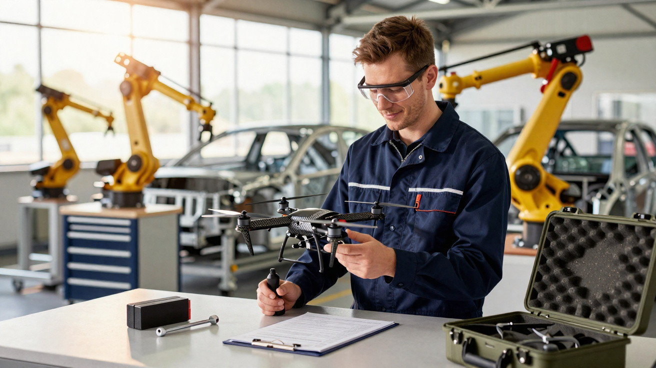 Homem com óculos de proteção manuseia drone em oficina industrial com robôs e carros ao fundo.