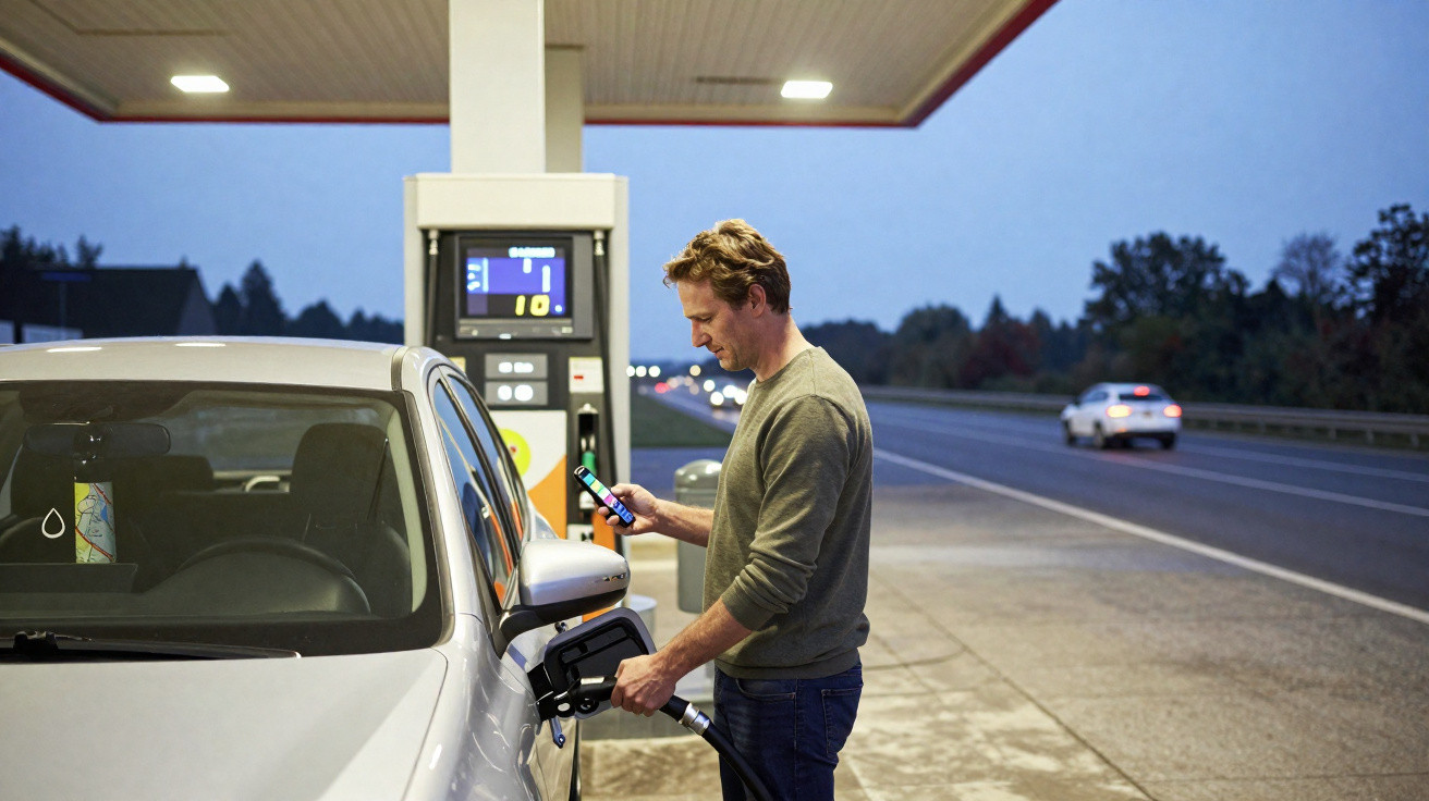 Homem abastecendo carro em posto de gasolina ao entardecer, usando celular.