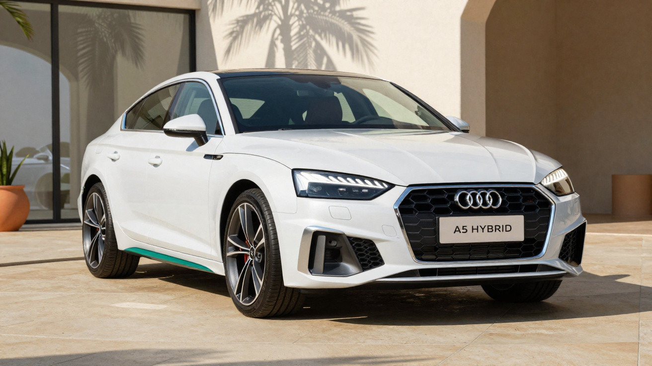 Carro branco Audi A5 Hybrid estacionado em área externa com sombra de palmeira ao fundo.