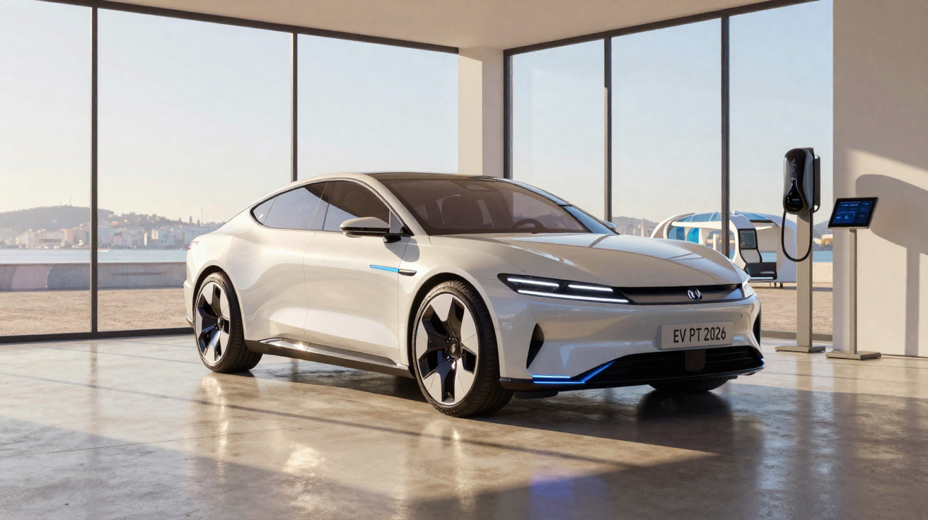 Carro elétrico branco moderno estacionado em ambiente interno com grande janela e estação de recarga.