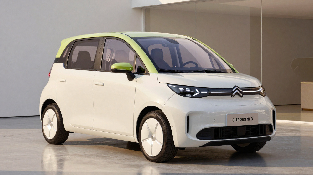 Carro elétrico Citroën Neo branco com teto verde-limão estacionado em piso de concreto claro.