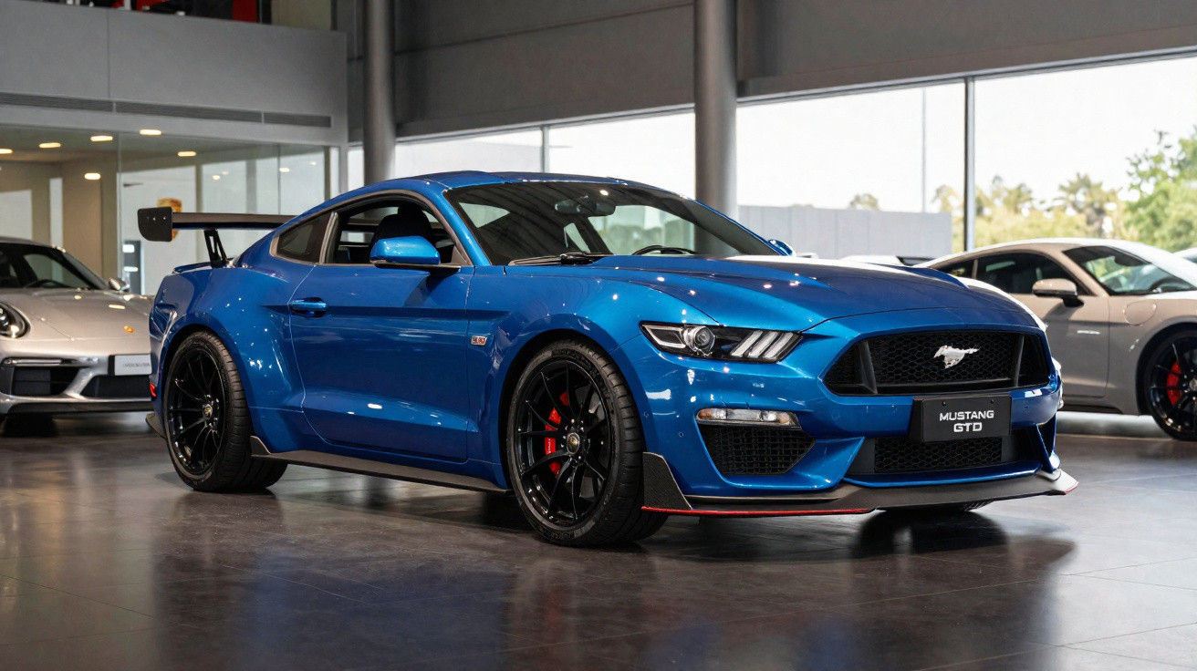 Carro esportivo Ford Mustang GTD azul exibido em showroom, com rodas pretas e aerofólio traseiro.