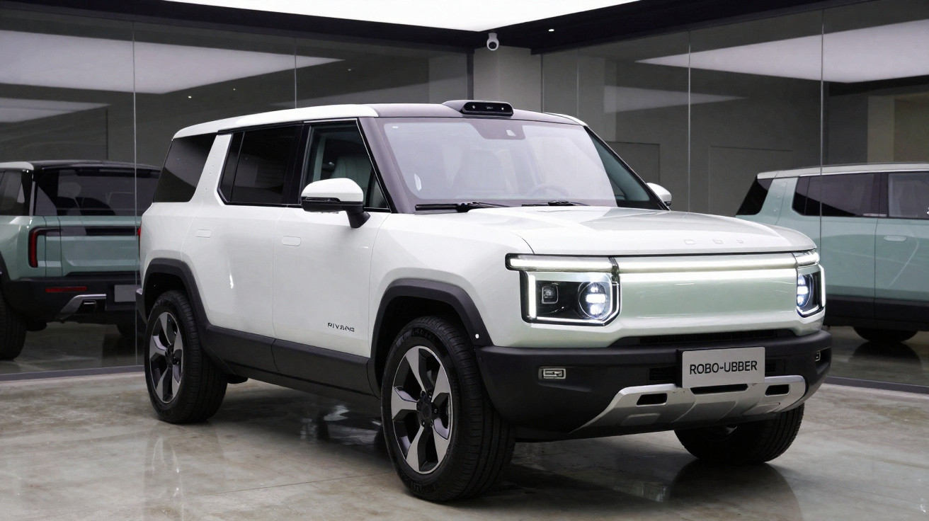 SUV branco elétrico Rivian modelo Robo-Ubber estacionado em garagem com paredes espelhadas ao fundo.