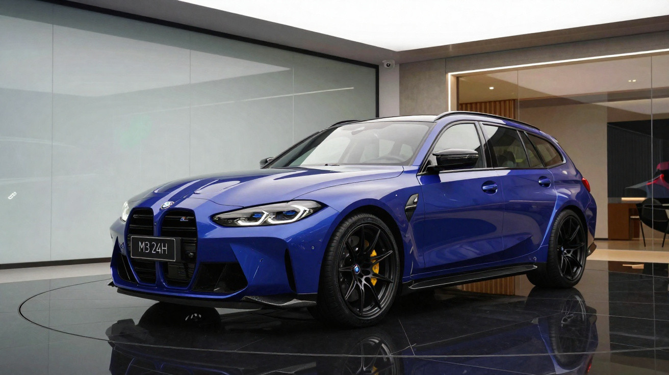 Carro BMW M3 Touring azul estacionado em ambiente moderno com piso preto brilhante.