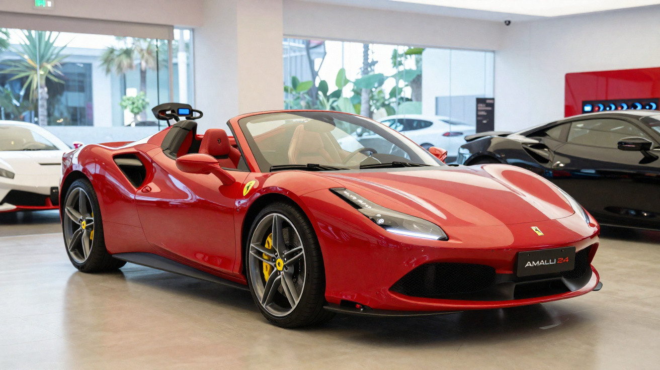 Carro esportivo conversível vermelho Ferrari com porta-copo infantil para criança no salão de veículos.