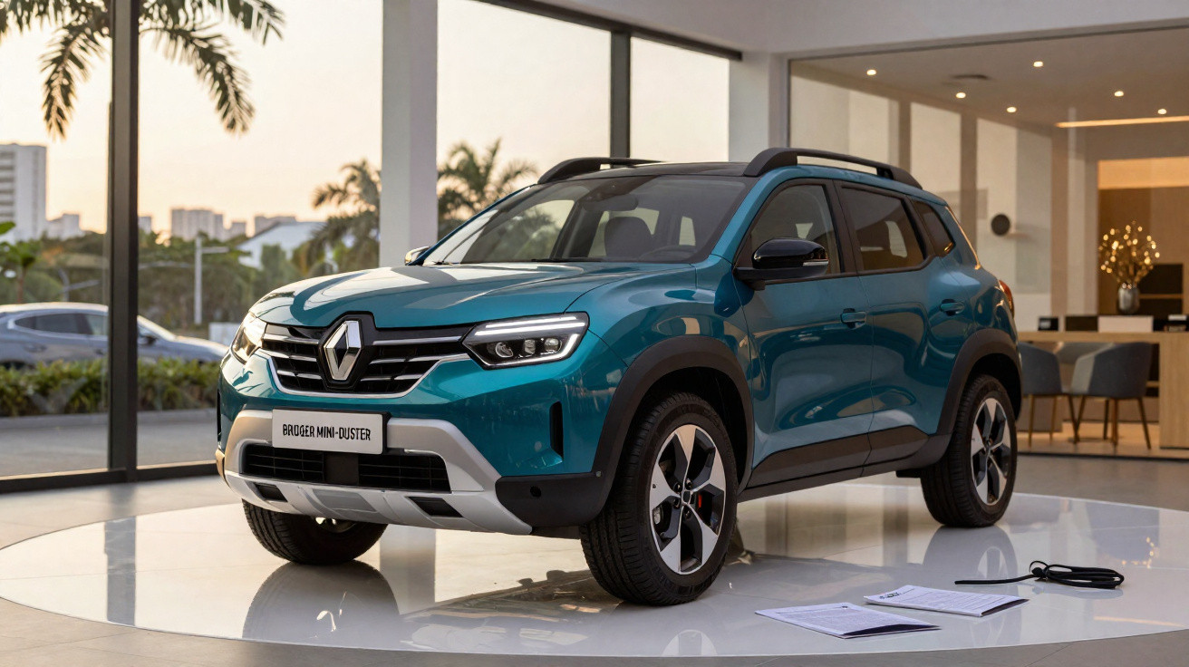 SUV Renault Duster azul em exposição interna com documentos e cabo próximo ao veículo.