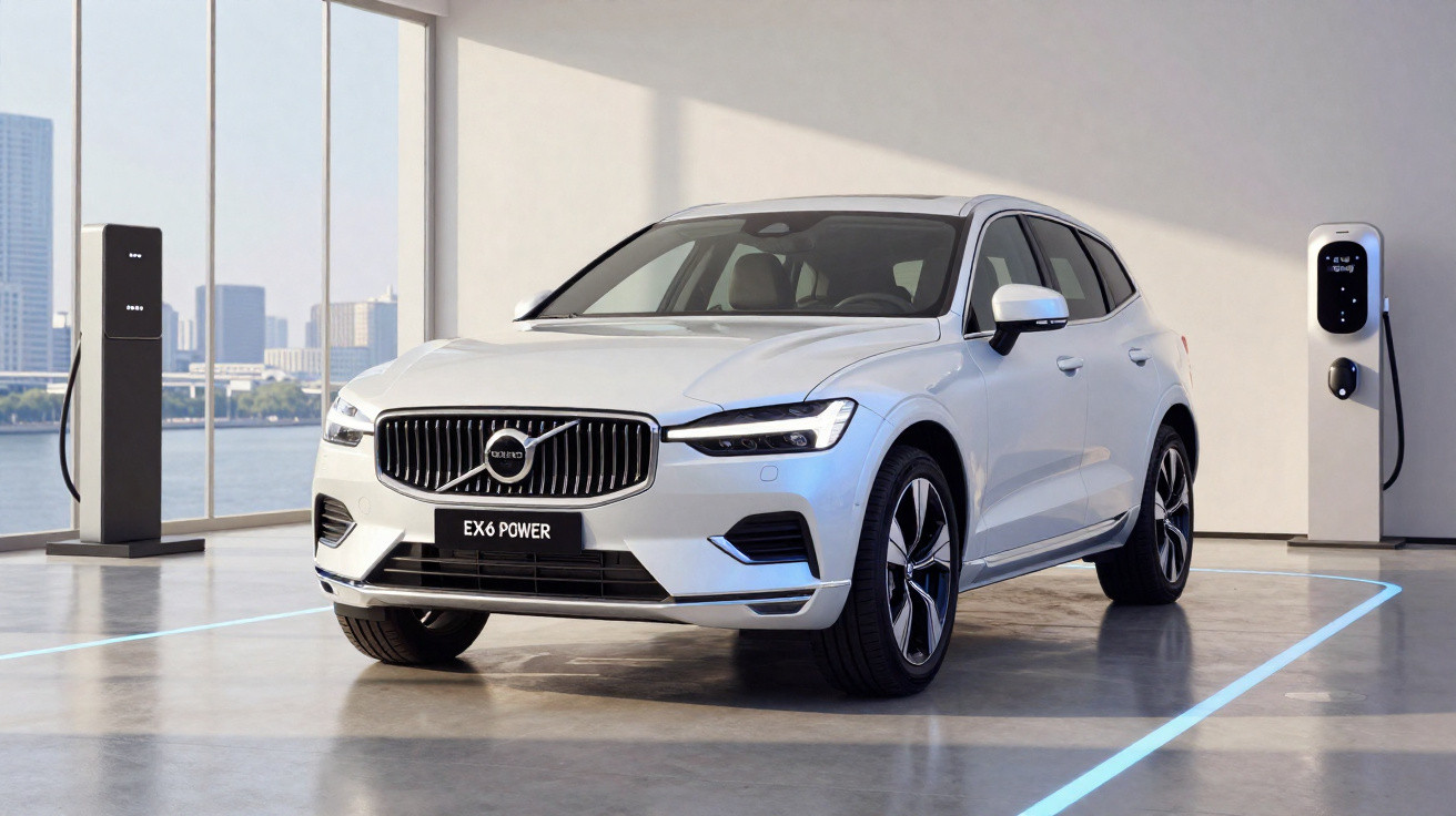 Carro elétrico Volvo EX6 Power branco em área de carregamento interno com parede branca e janela panorâmica.