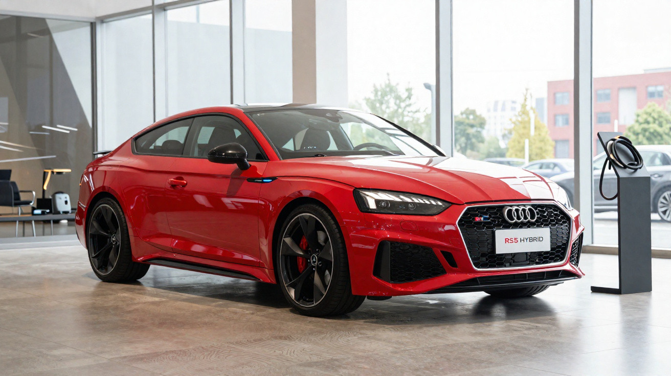 Carro esportivo Audi RS5 Hybrid vermelho em showroom, com carregador elétrico ao lado.