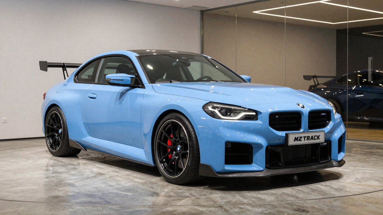 Carro esportivo BMW azul claro estacionado em garagem com parede espelhada ao fundo.
