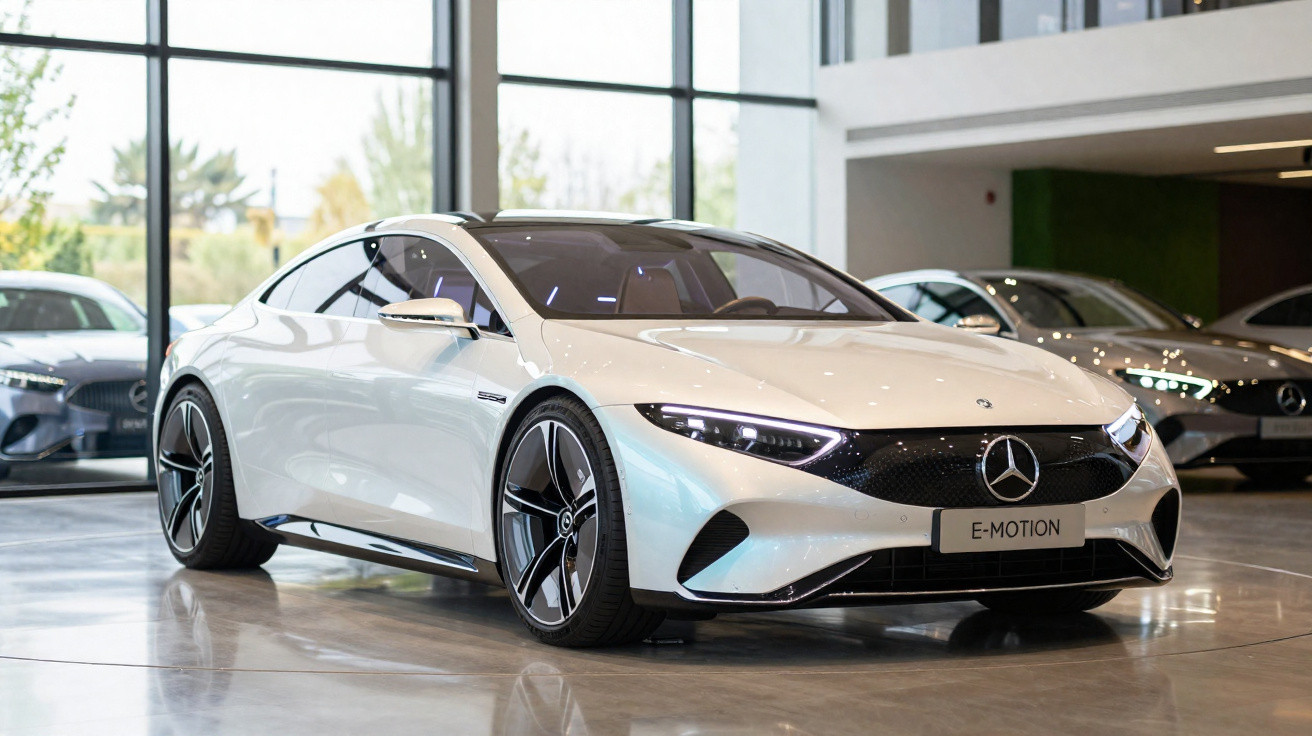 Carro esportivo elétrico Mercedes-Benz E-Motion branco em showroom moderno com piso de vidro polido.