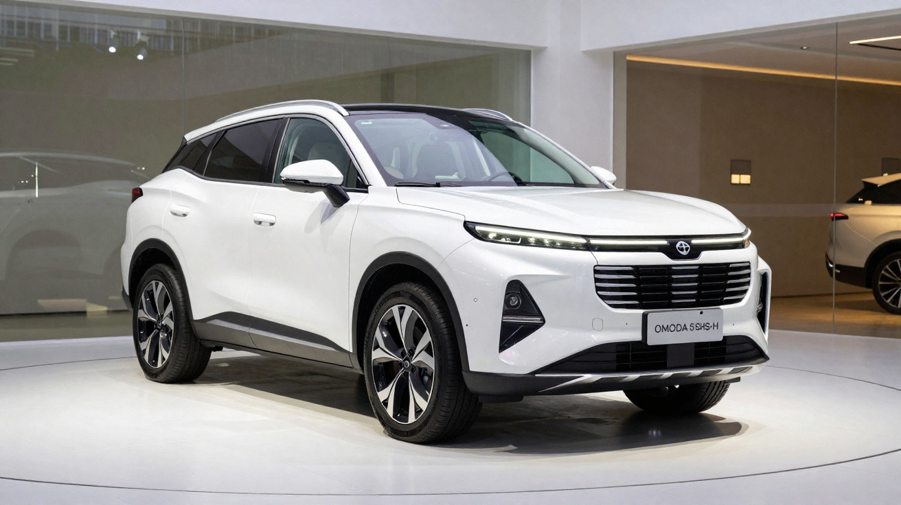 Carro SUV branco estacionado em exposição indoor, modelo Omoda 5 595H, detalhes modernos e faróis de LED.