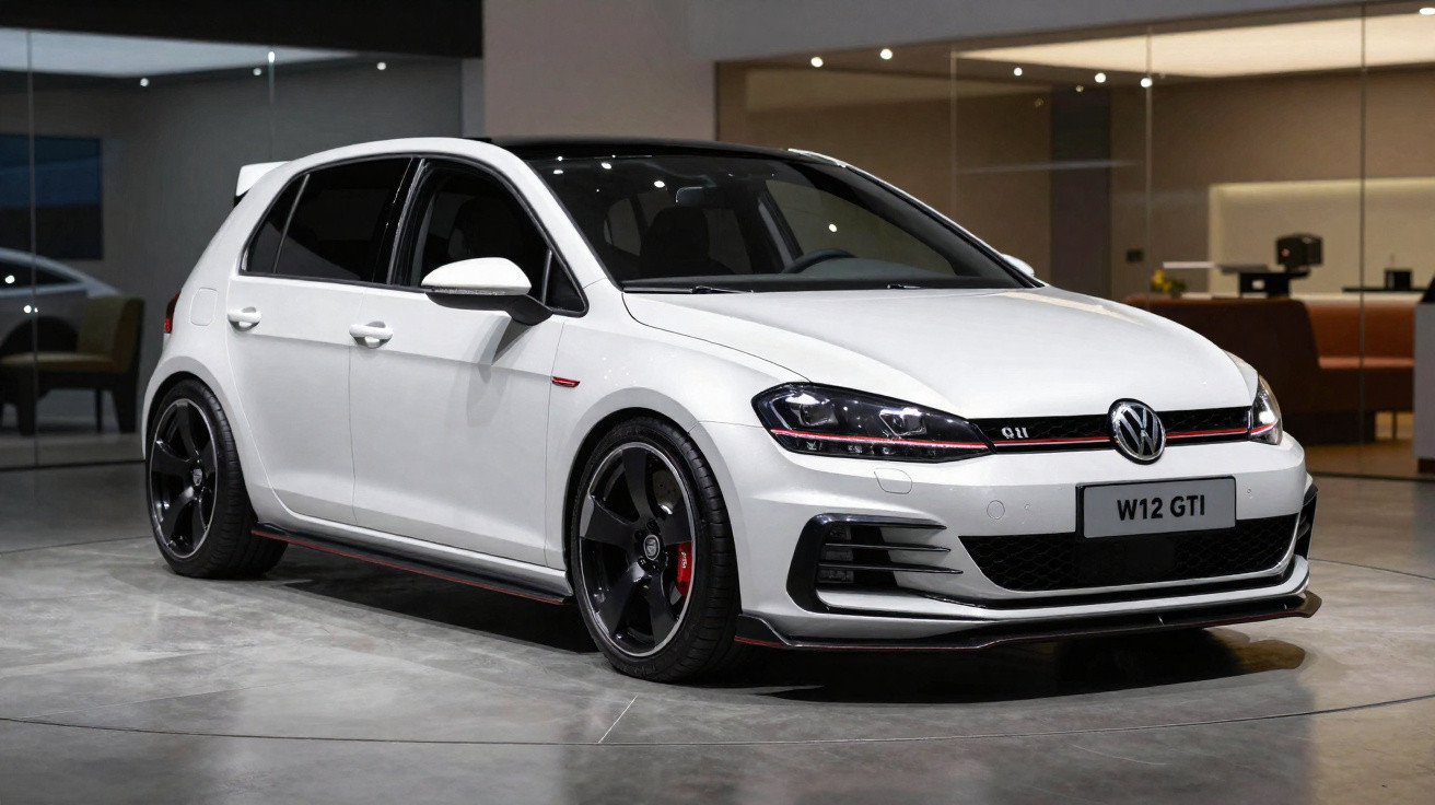 Carro Volkswagen Golf GTI branco estacionado em ambiente interno com rodas pretas esportivas.