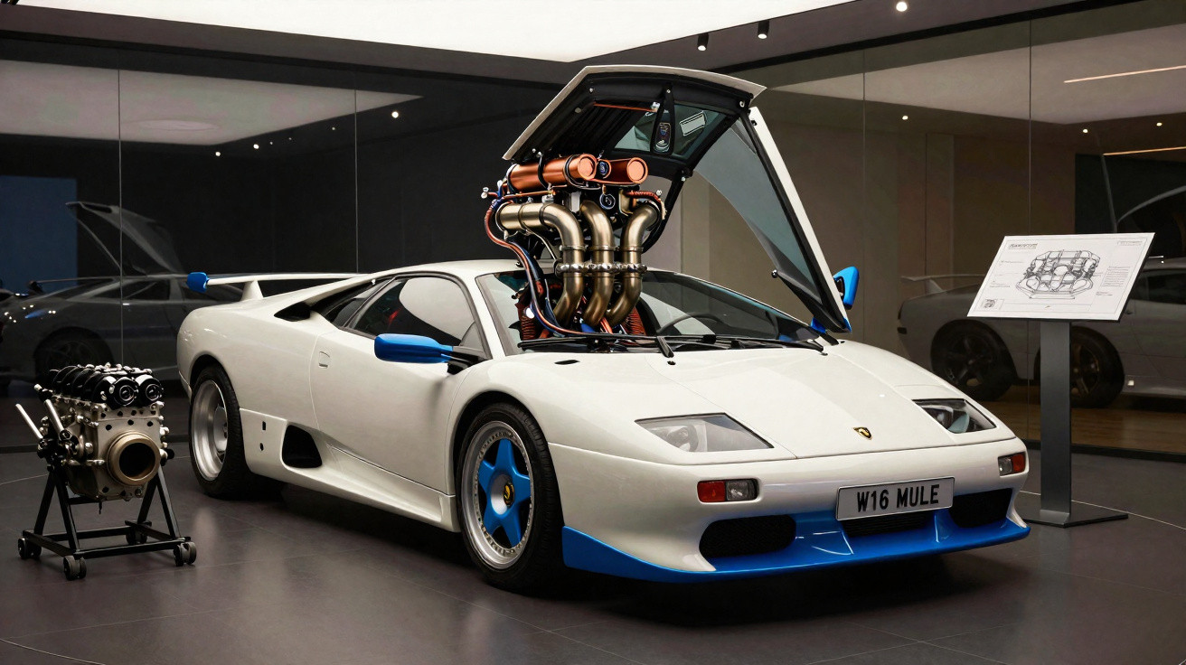 Carro esportivo branco com detalhes azuis exposto, capô aberto mostrando motor W16 complexo em museu.